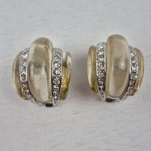 Signed KJL Kenneth Jay Lane Translucent Lucite Cabochon Rhinestone Clip On 1"